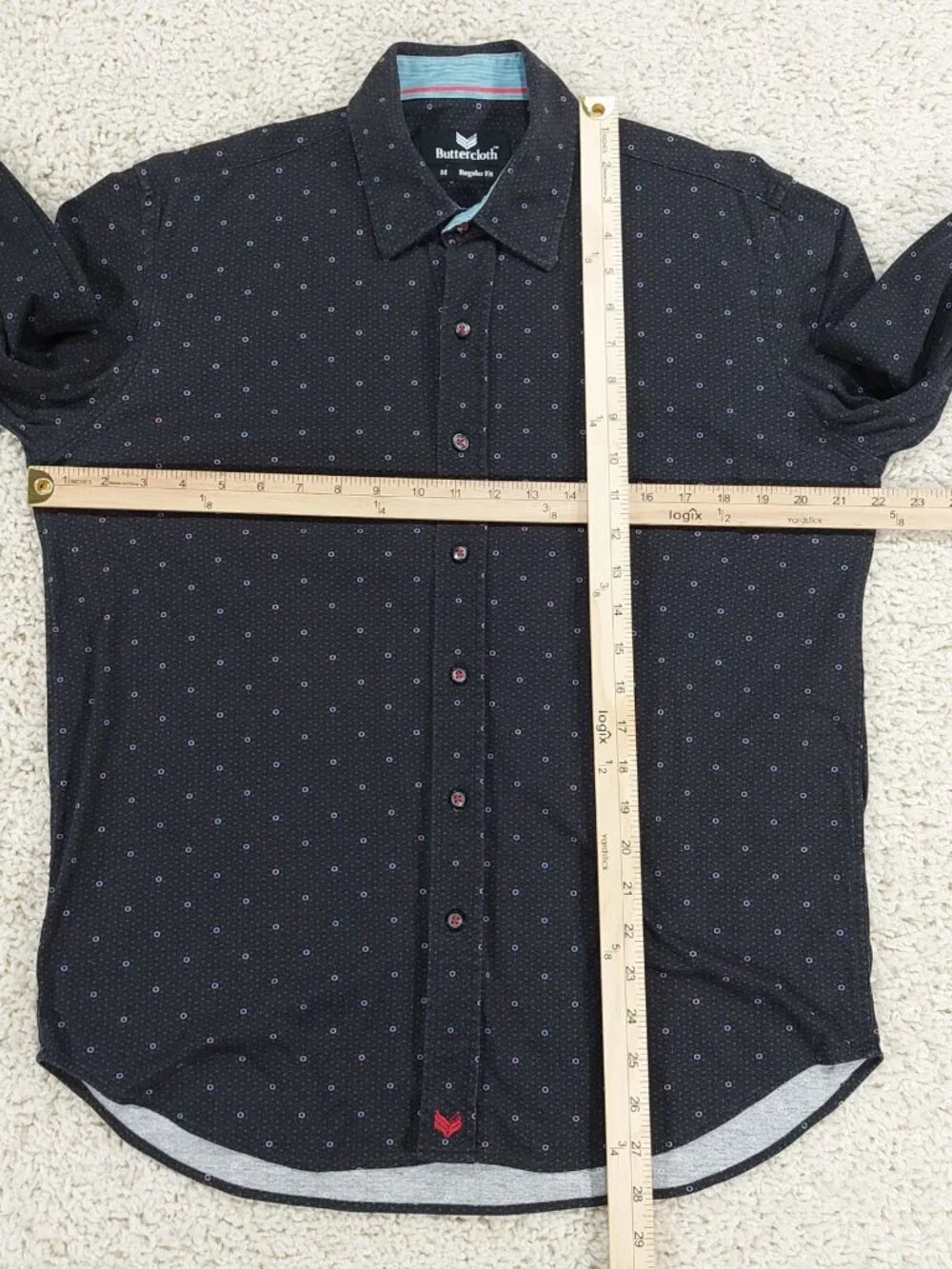 Buttercloth Button Up Shirt, Black Geometric Polka Dot Print, Cotton. Men's Sz M